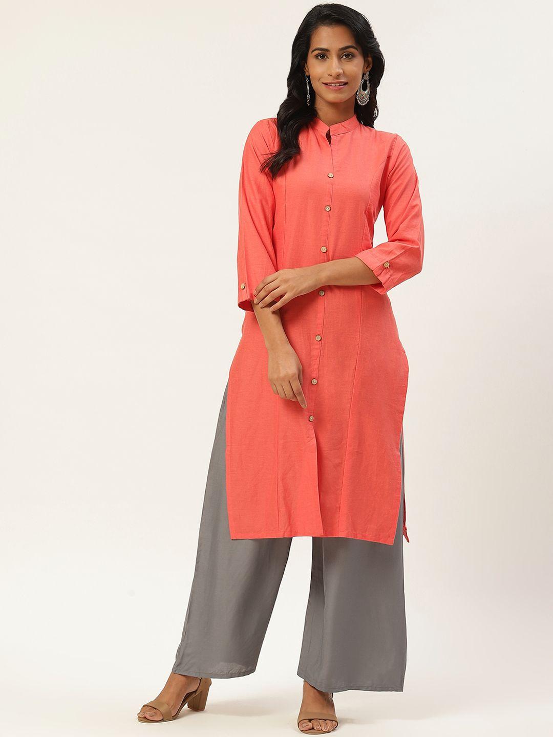 vastraa fusion women coral red solid straight kurta