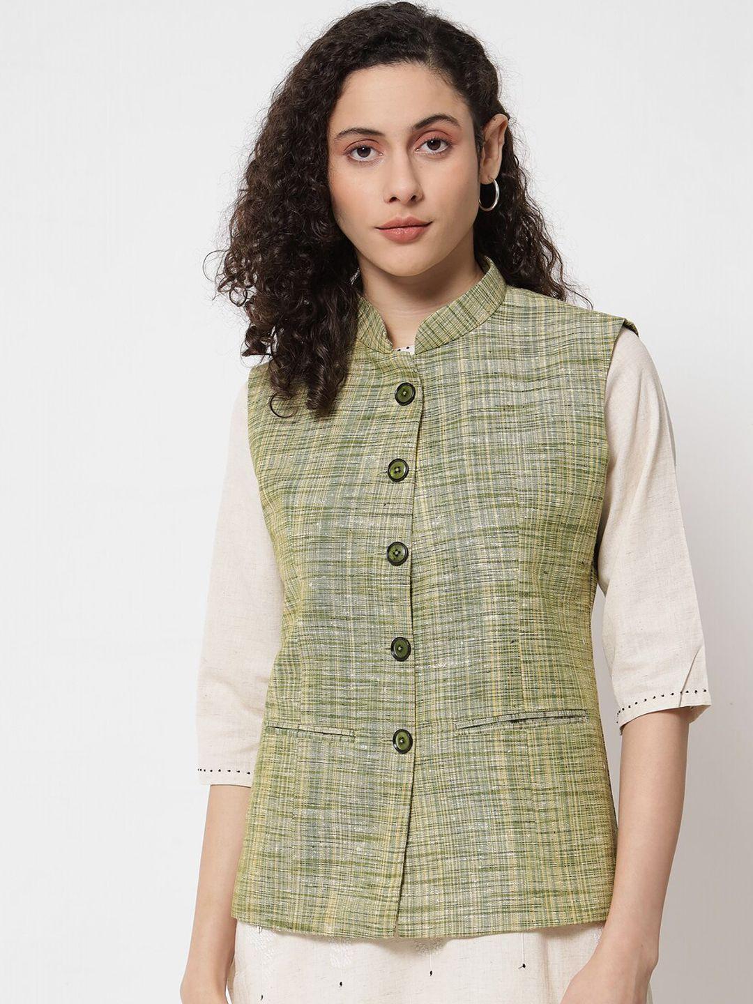 vastraa fusion women green checkered nehru jackets