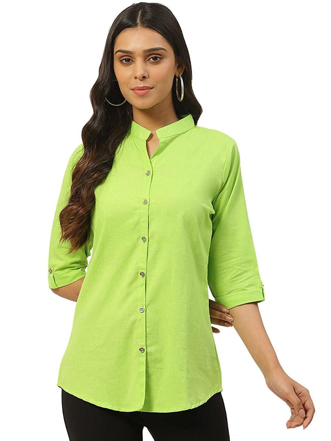 vastraa fusion women green comfort pure cotton casual shirt