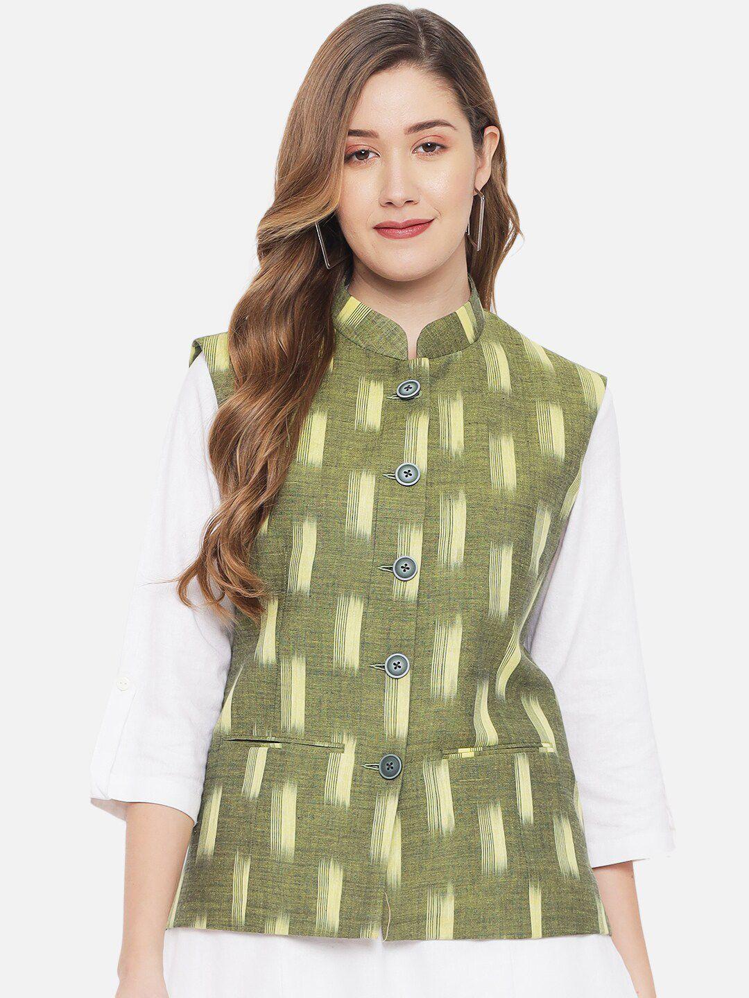 vastraa fusion women green printed pure cotton nehru jackets
