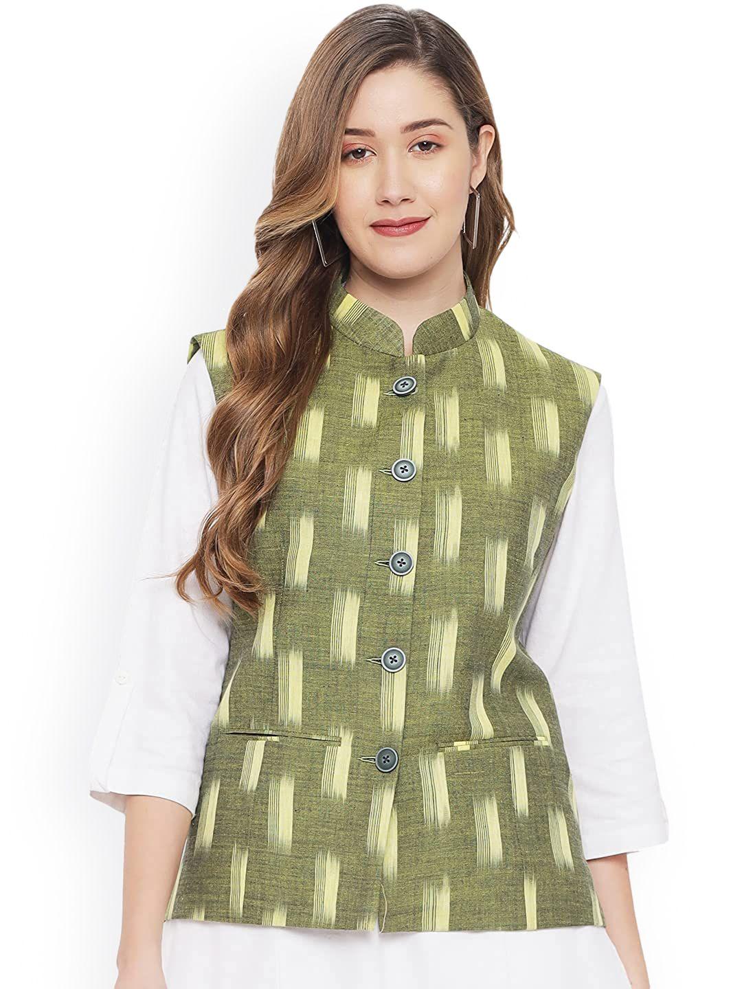 vastraa fusion women green printed woven nehru jacket