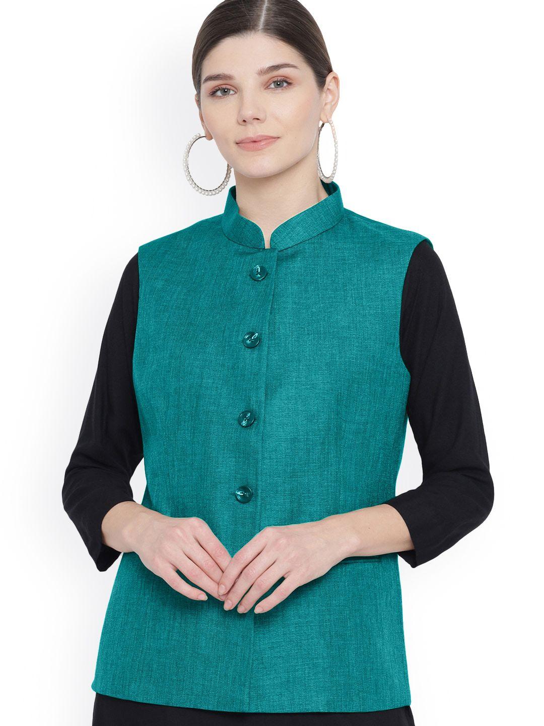 vastraa fusion women green solid woven nehru jacket