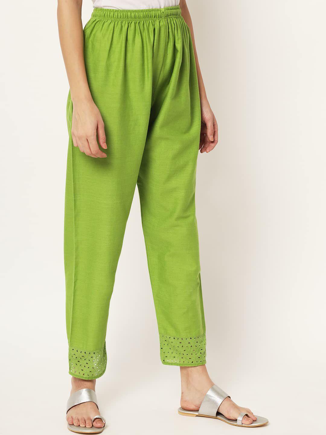 vastraa fusion women green straight fit trousers