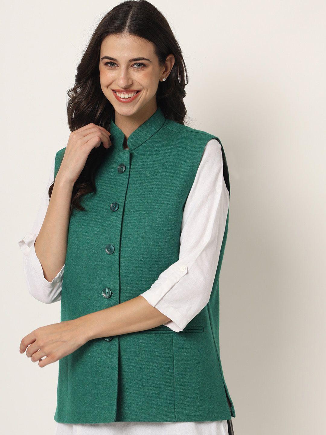 vastraa fusion women green woven design woollen nehru jacket