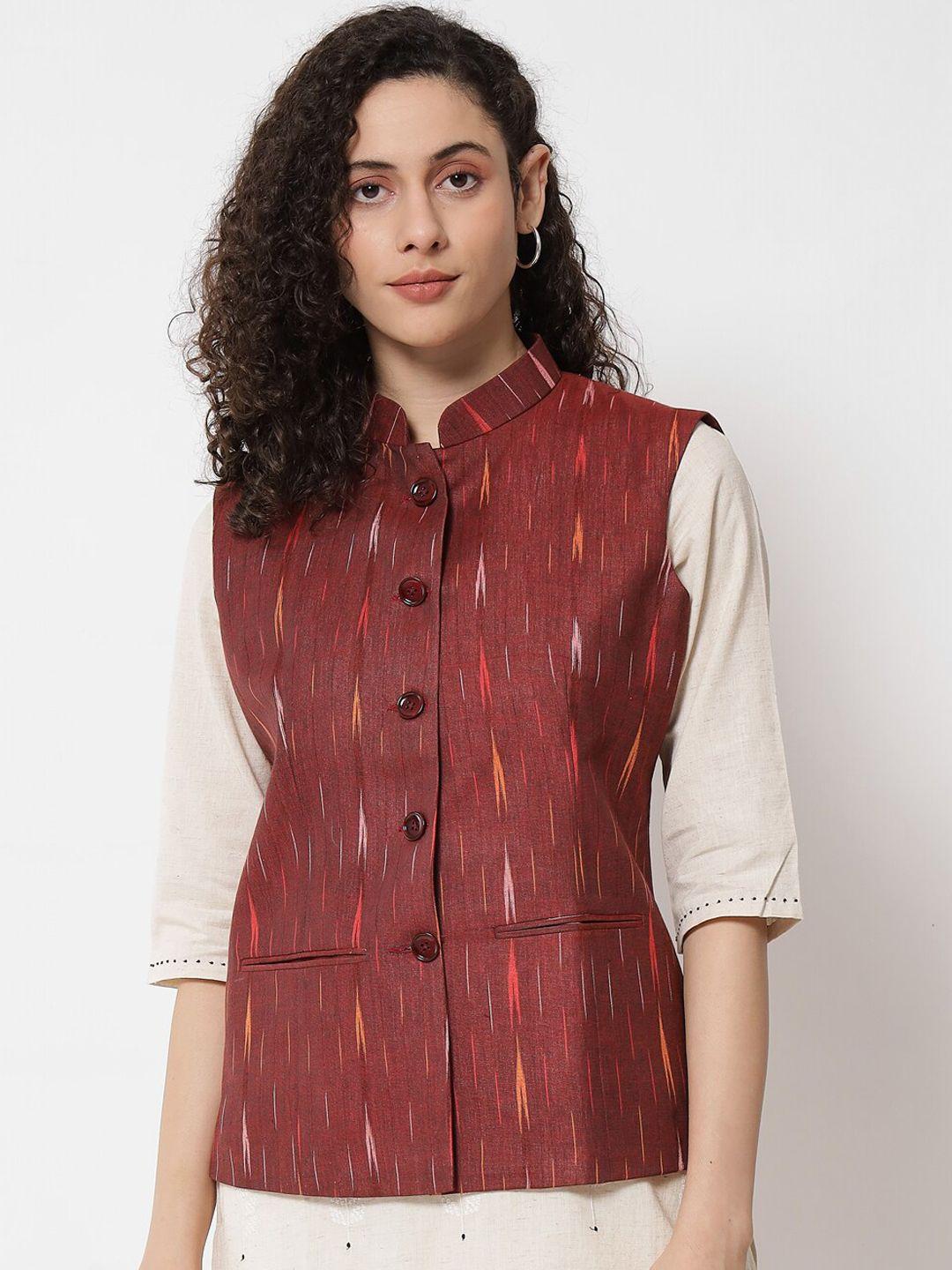 vastraa fusion women maroon ikat printed cotton nehru jackets