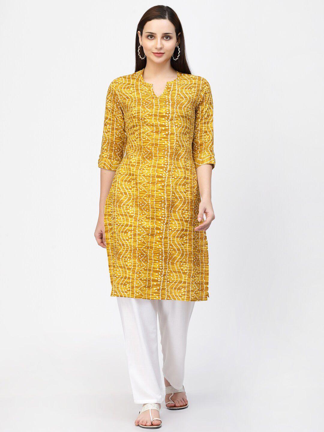 vastraa fusion women mustard yellow & white bandhani printed kurta