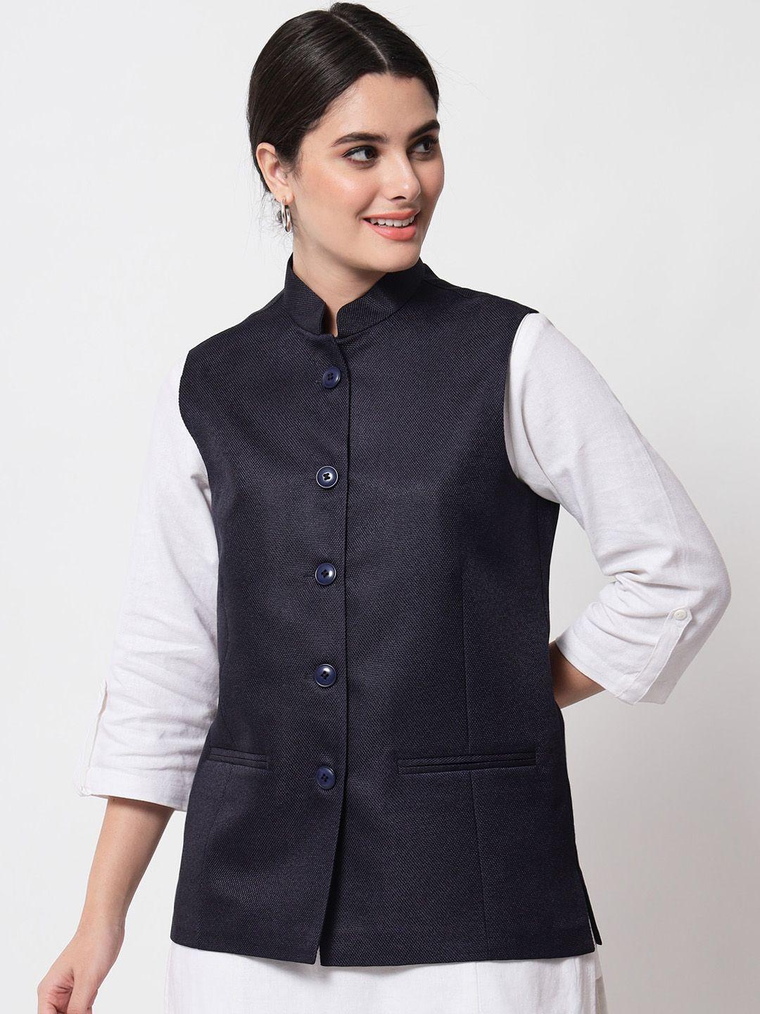 vastraa fusion women navy blue solid nehru jacket