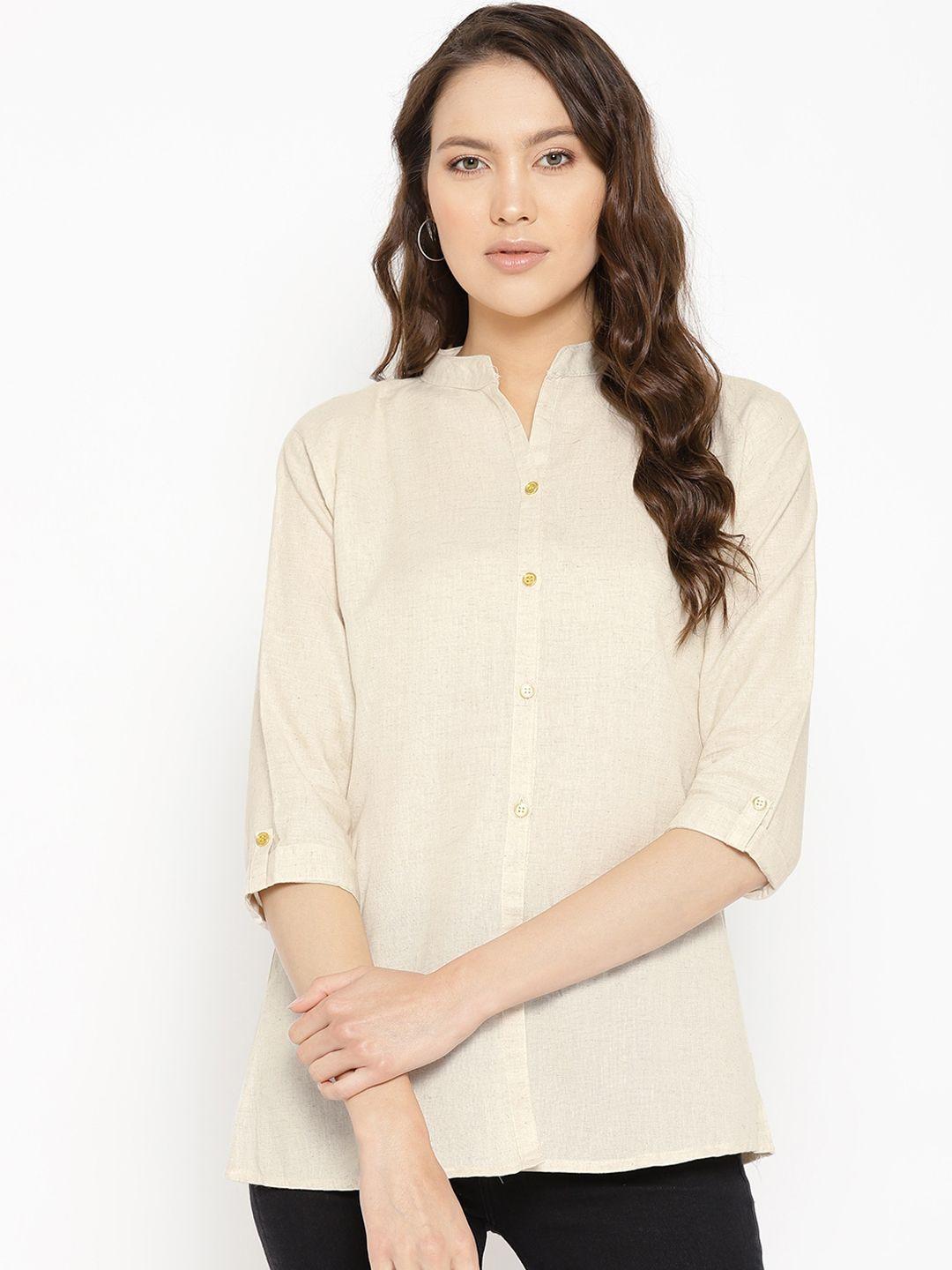 vastraa fusion women off-white solid pure cotton shirt style top
