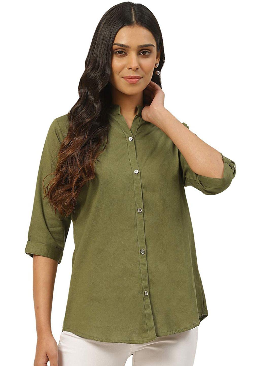 vastraa fusion women olive green comfort solid pure cotton casual shirt