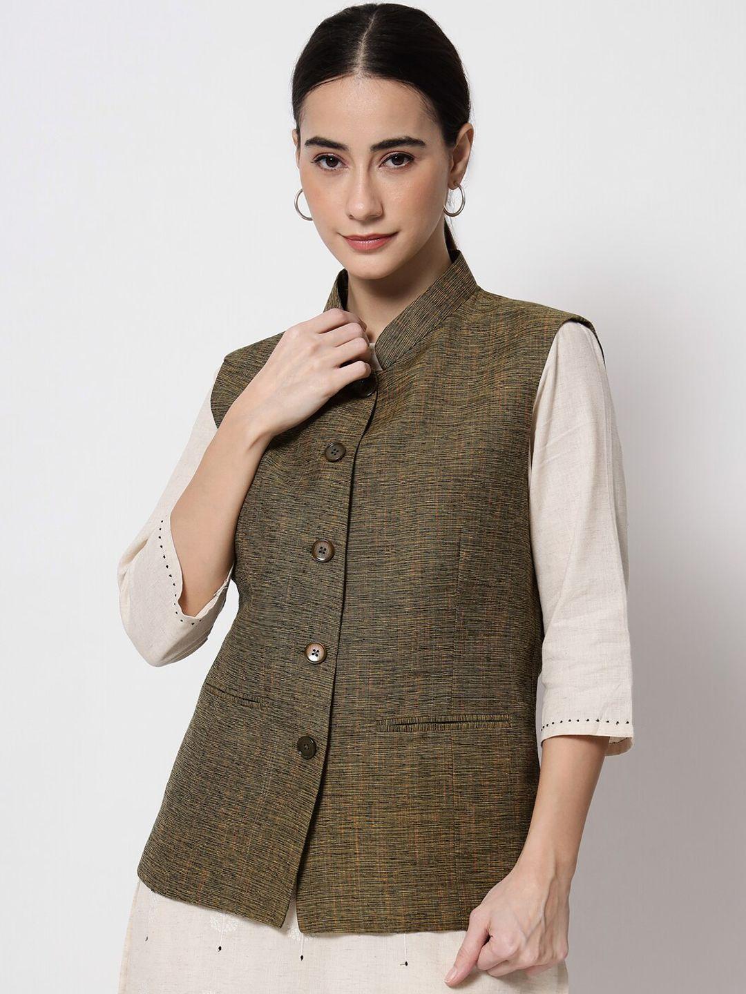 vastraa fusion women olive green woven design nehru jacket