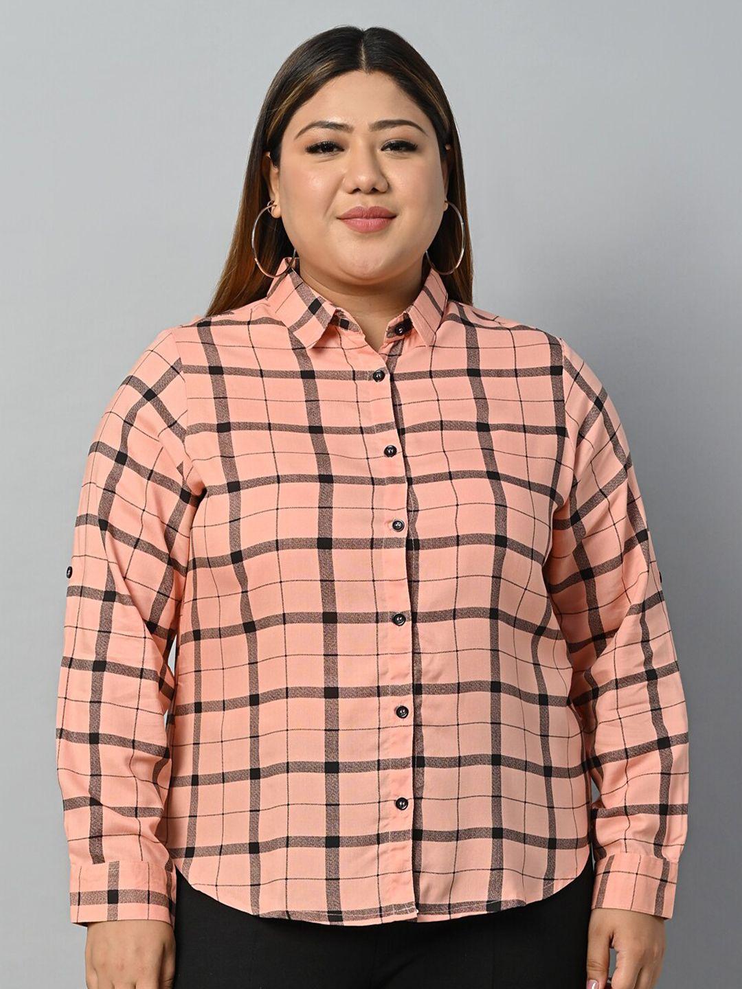 vastraa fusion women peach-coloured comfort tartan checks opaque checked casual shirt