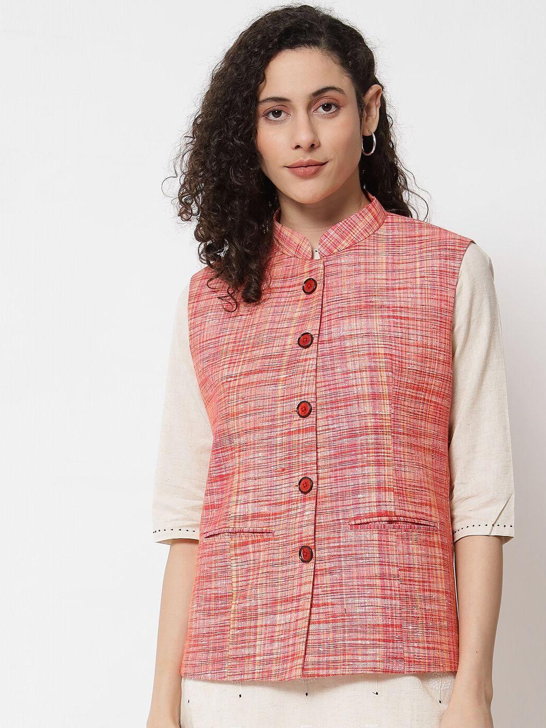 vastraa fusion women red checkered nehru jackets