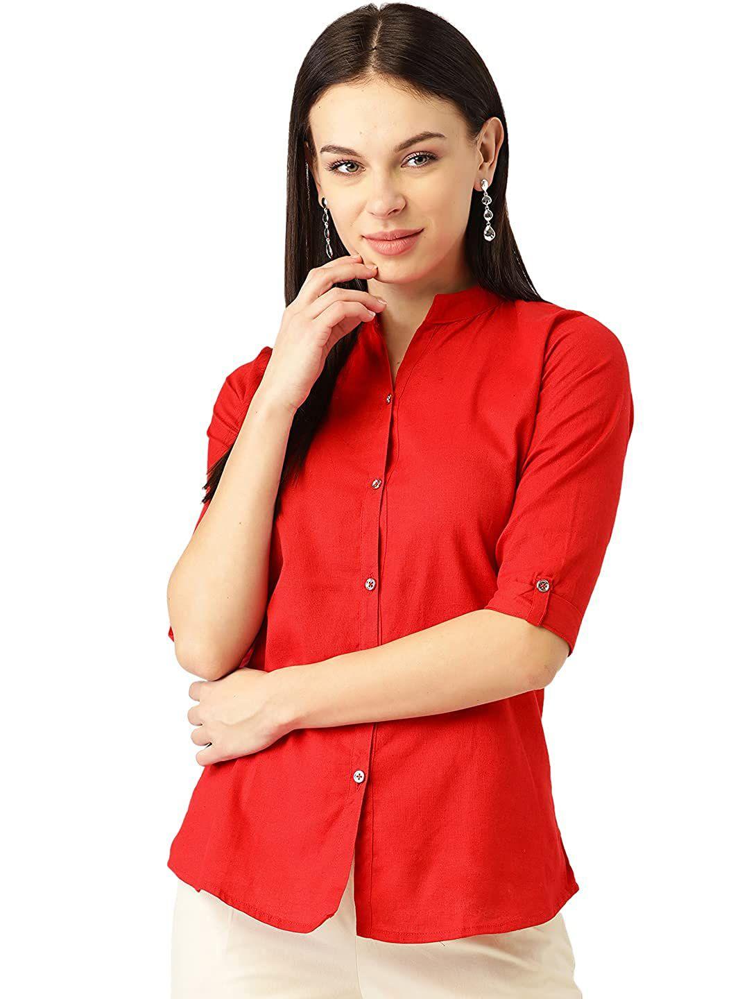 vastraa fusion women red comfort cotton casual shirt