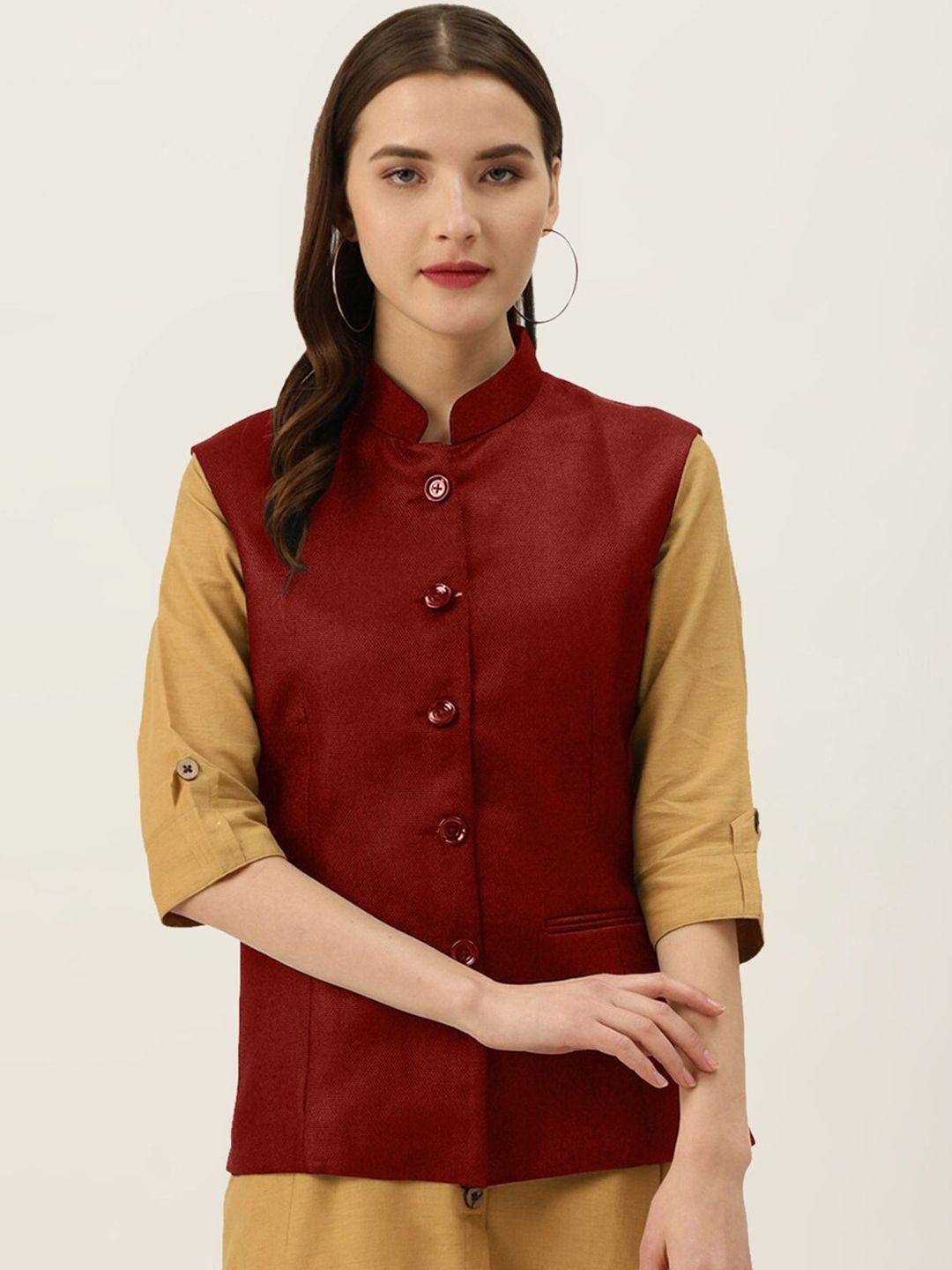 vastraa fusion women red solid jute cotton woven nehru jacket