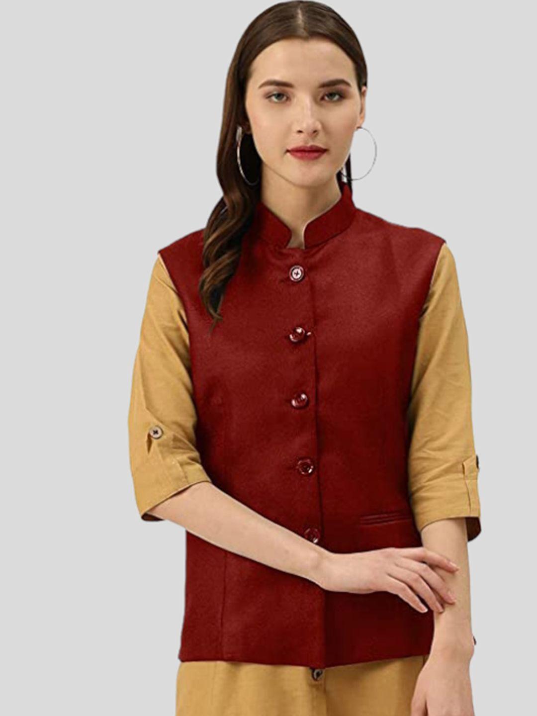 vastraa fusion women red solid nehru jackets