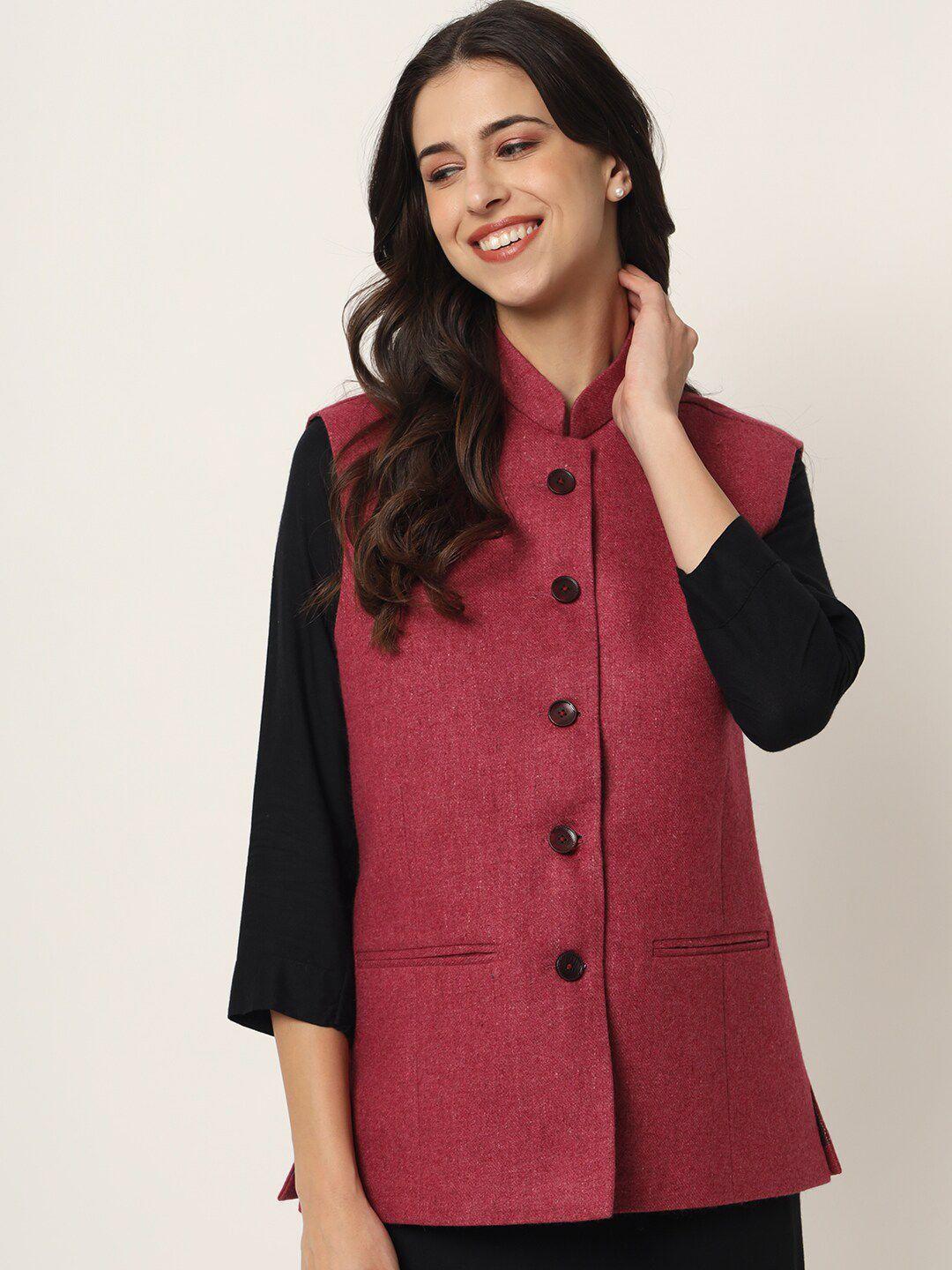 vastraa fusion women red woollen nehru jacket