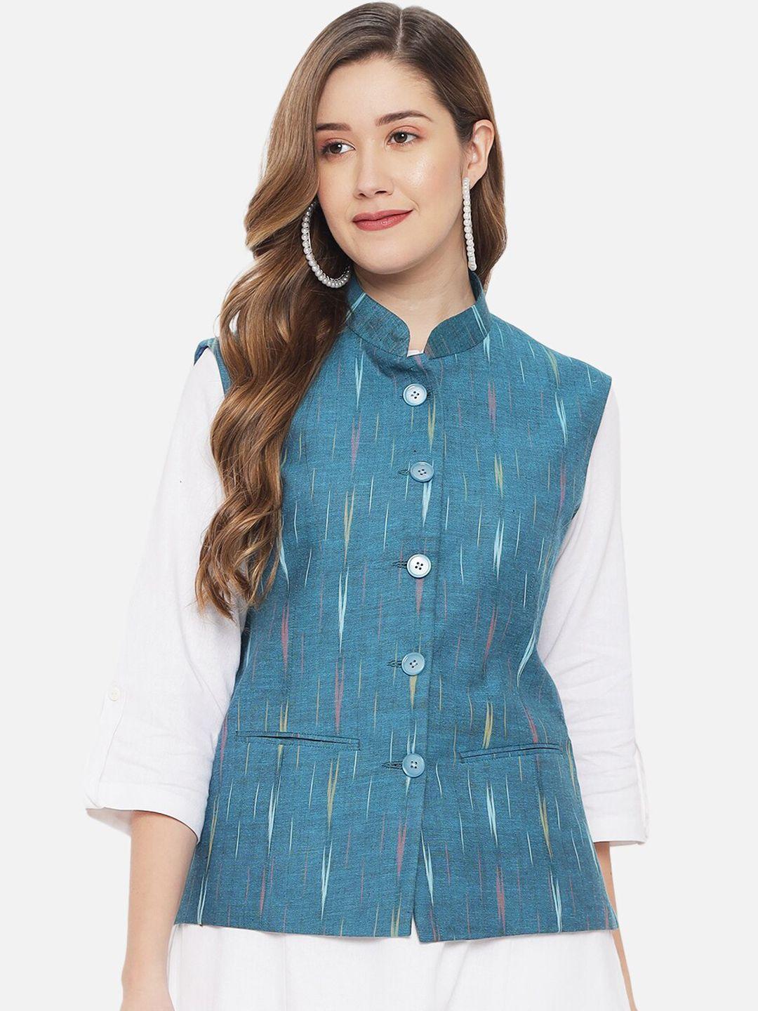 vastraa fusion women teal blue & white ikat printed pure cotton woven nehru jacket