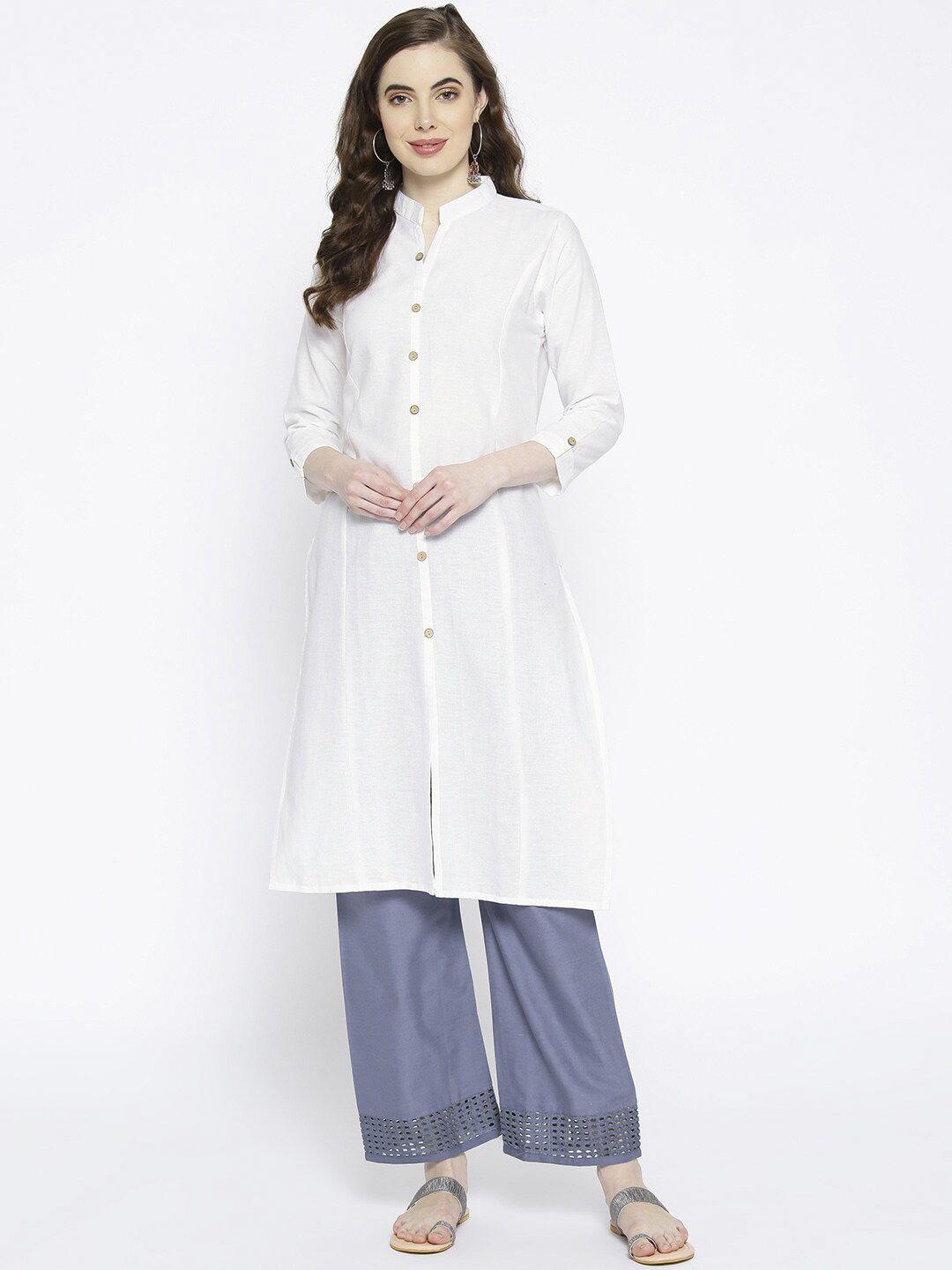 vastraa fusion women white solid straight kurta