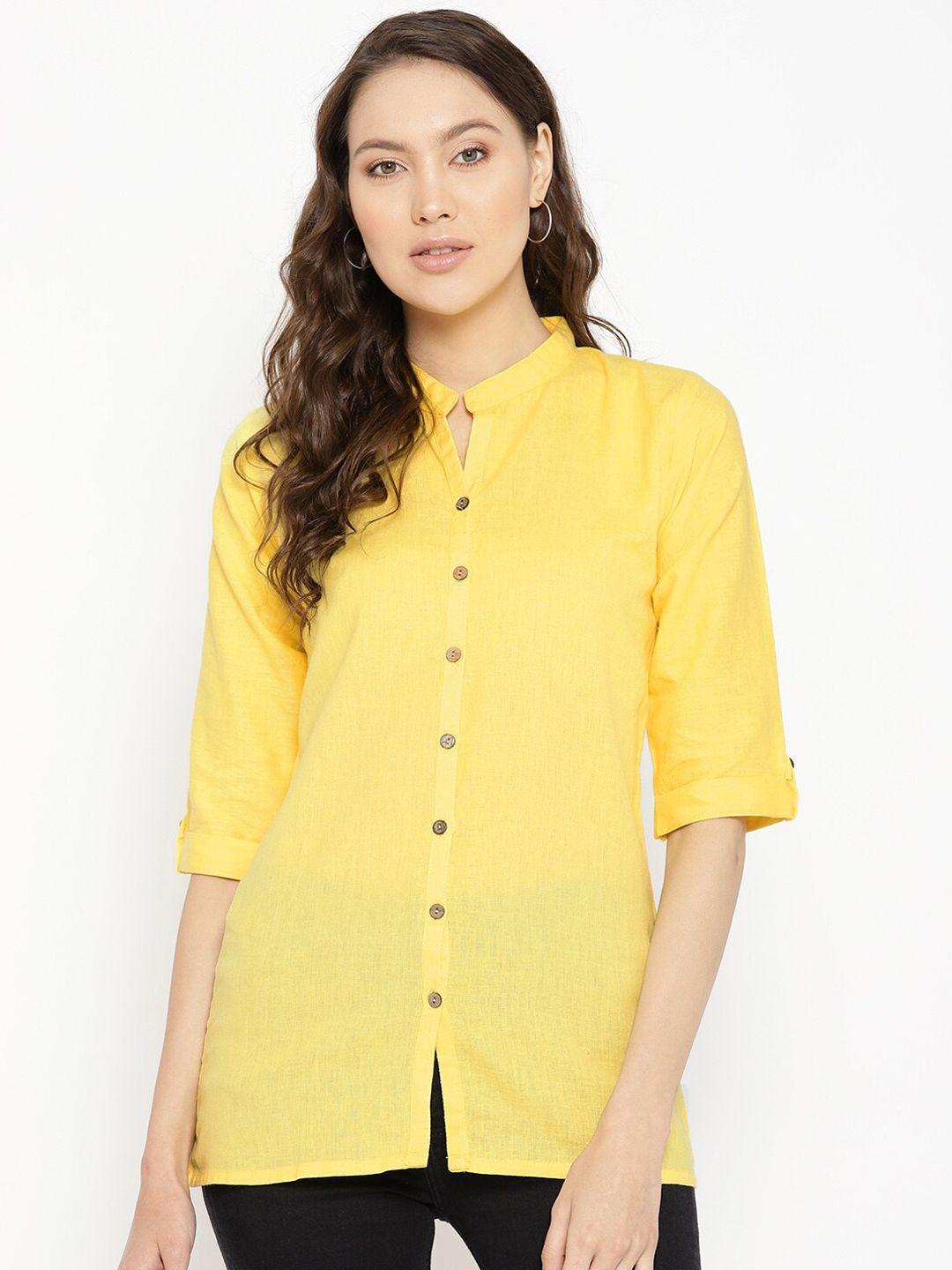 vastraa fusion women yellow regular fit solid casual shirt