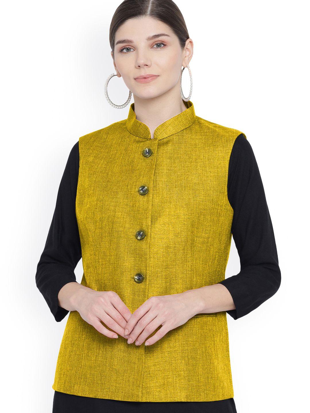 vastraa fusion women yellow solid woven nehru jacket