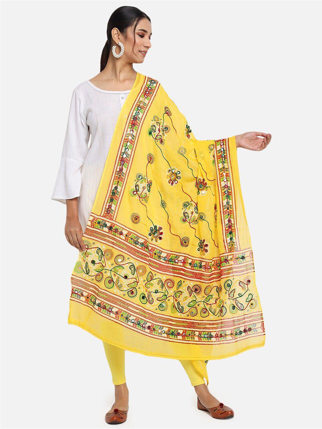 vastraa fusion yellow & red ethnic motifs embroidered pure cotton dupatta