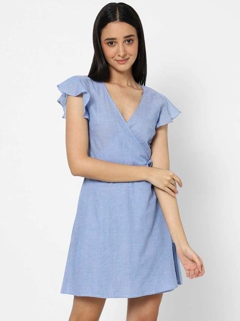 vastrado blue cotton striped a-line wrap dress