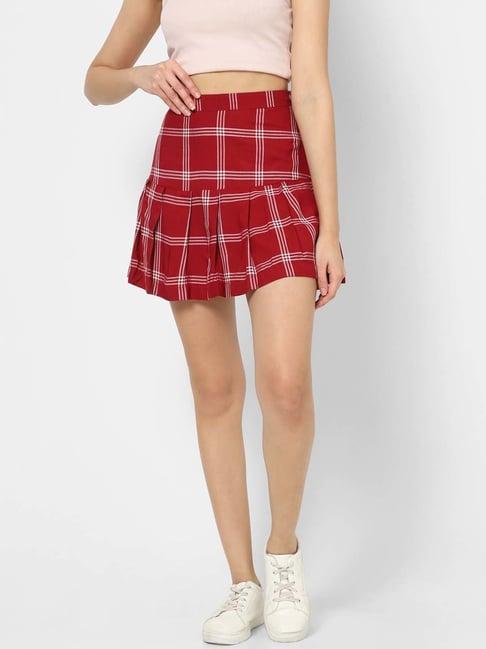 vastrado maroon cotton chequered mini a-line skirt