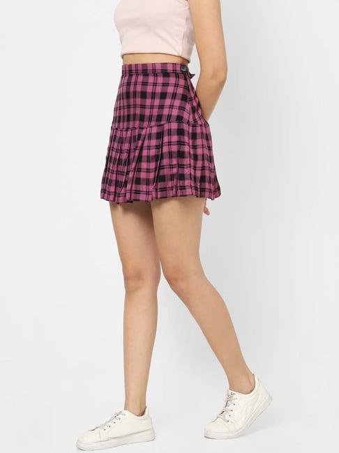 vastrado pink & black cotton chequered mini a-line skirt