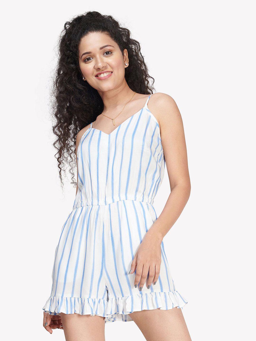 vastrado women white & blue striped printed cotton jumpsuit