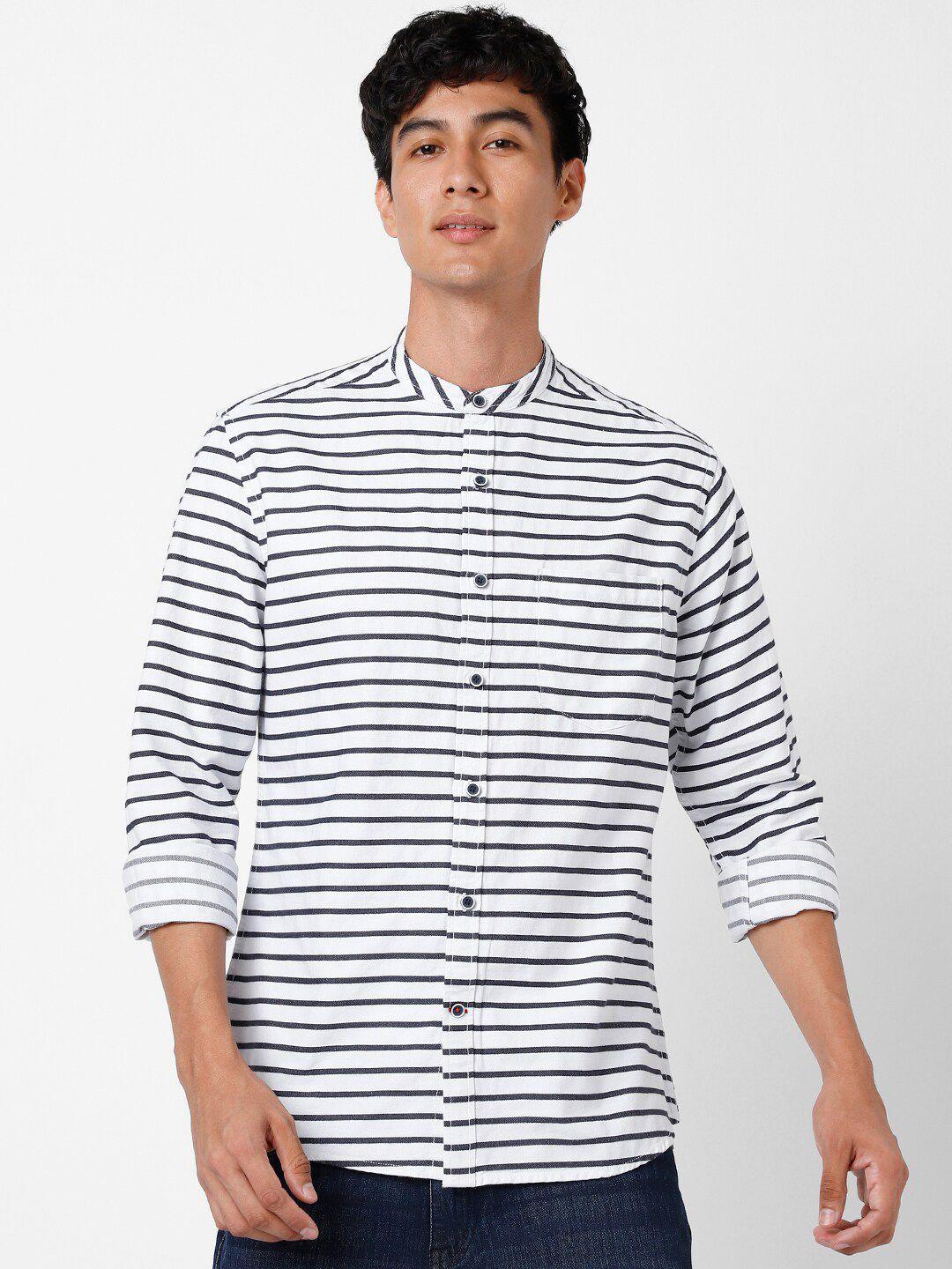 vastrado band collar horizontal striped cotton casual shirt