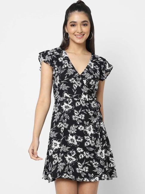 vastrado black floral print a-line wrap dress
