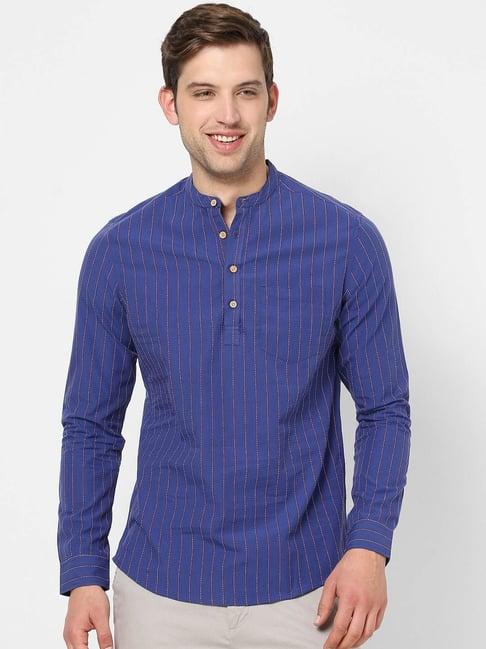 vastrado blue cotton regular fit striped short kurta