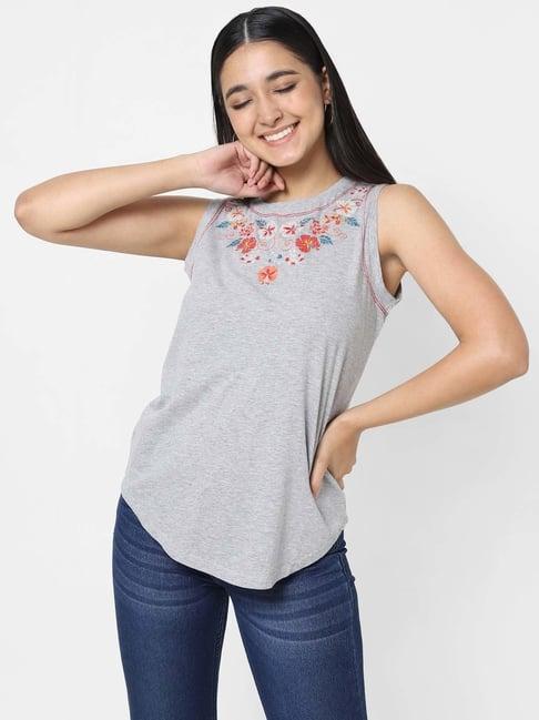 vastrado grey cotton embroidered top