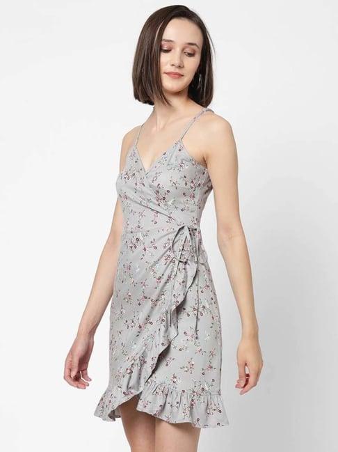 vastrado grey floral print a-line wrap dress
