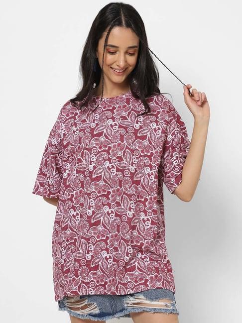 vastrado maroon cotton printed oversized t-shirt