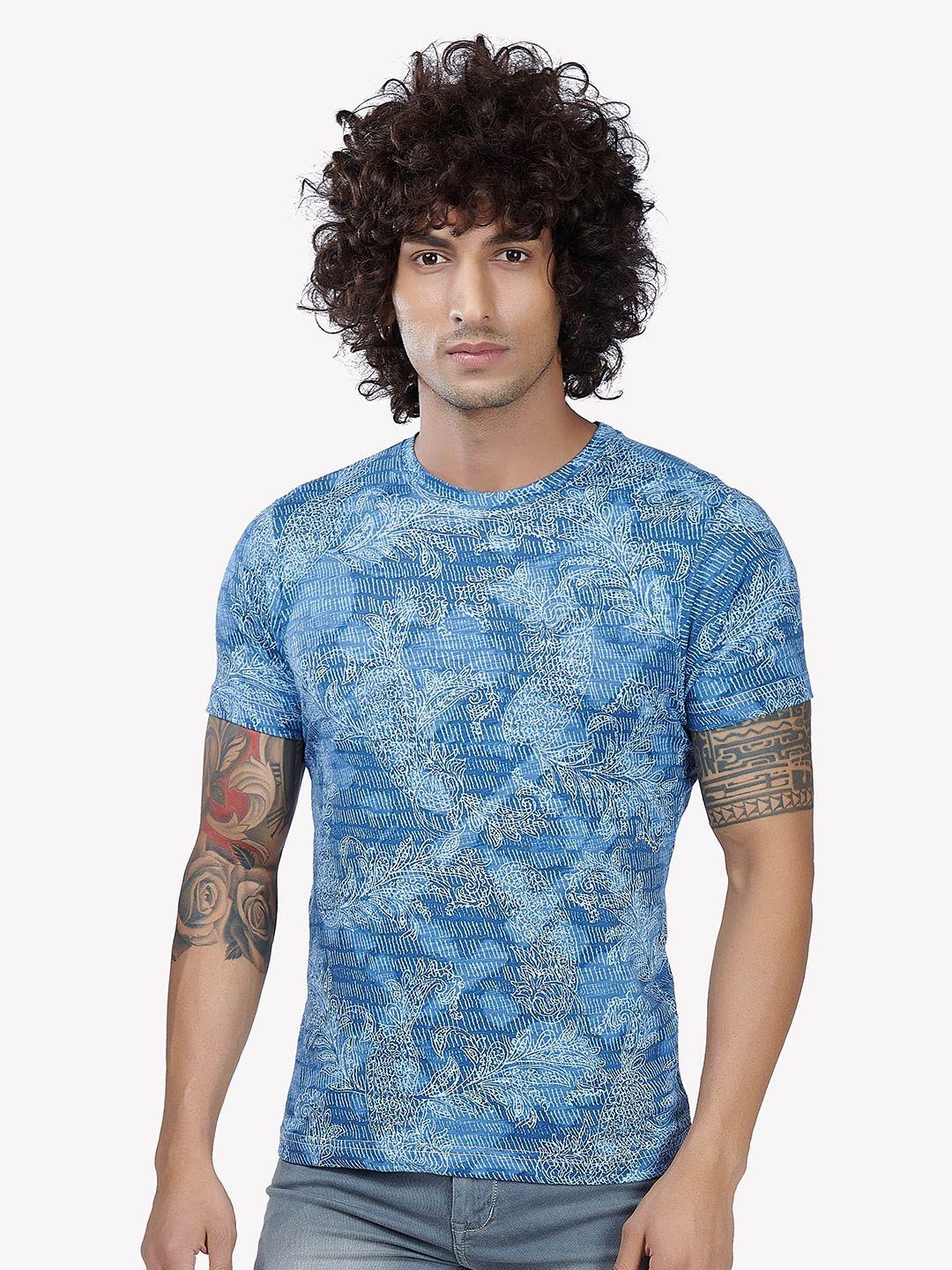 vastrado men blue printed raw edge t-shirt