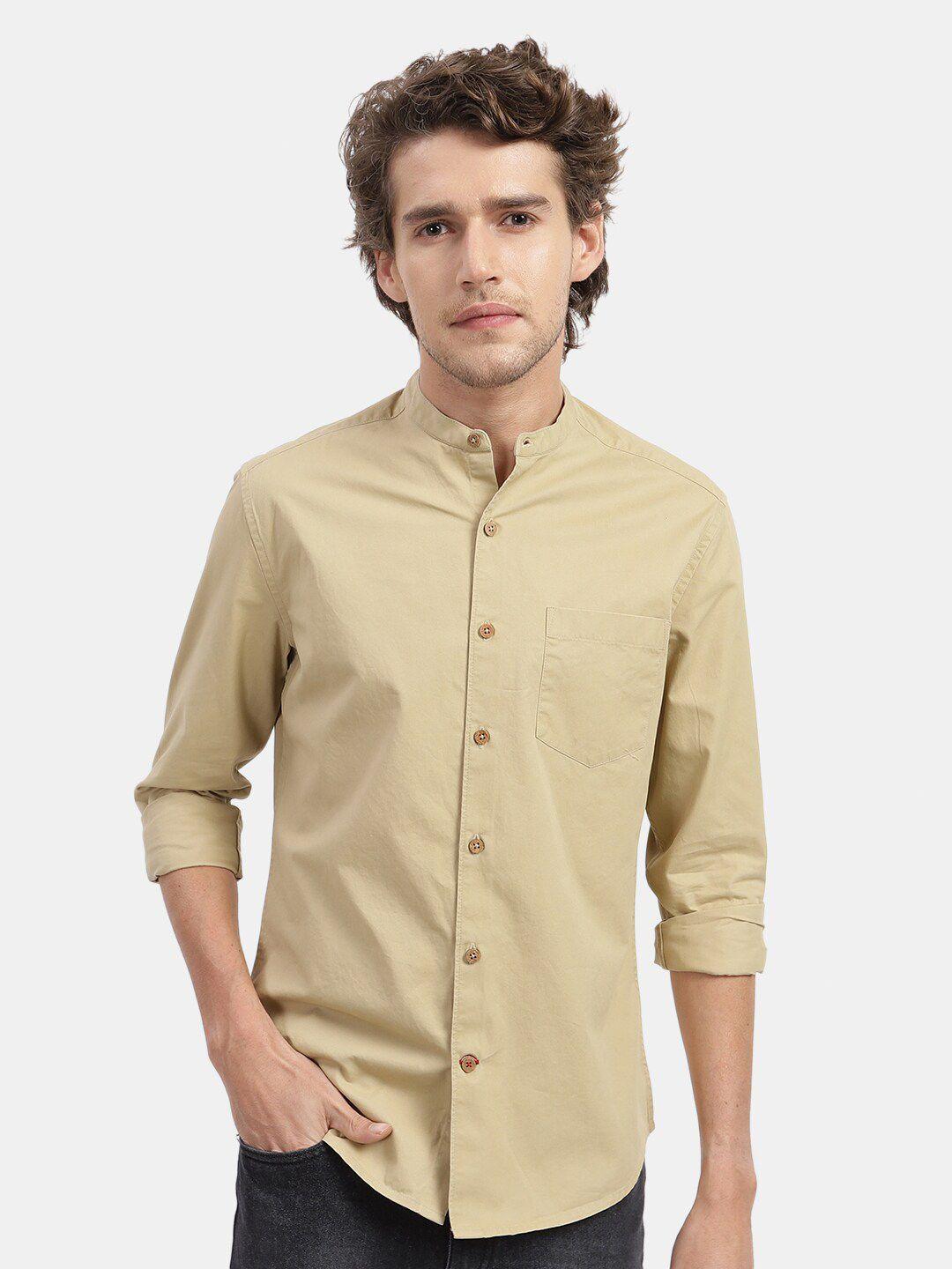 vastrado men khaki solid mandarin collar cotton casual shirt