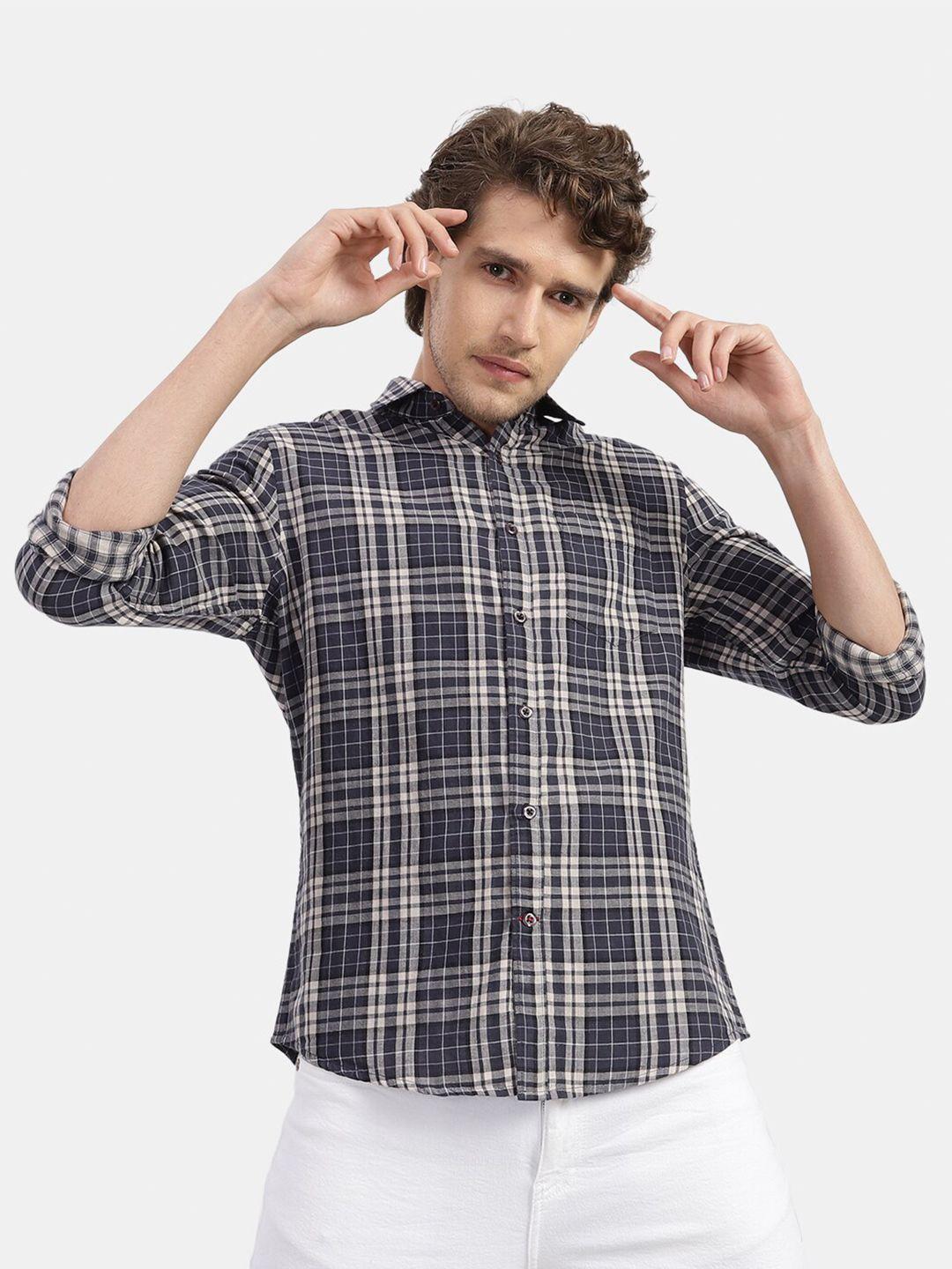 vastrado men navy blue & cream tartan checked cotton casual shirt