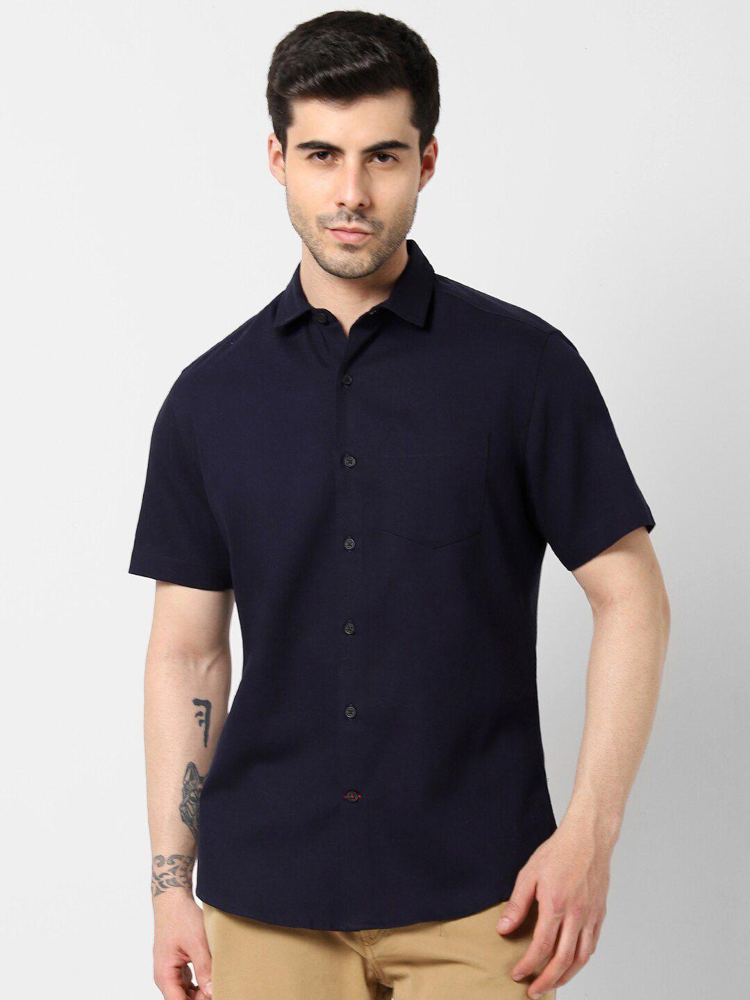 vastrado men navy blue casual cotton shirt