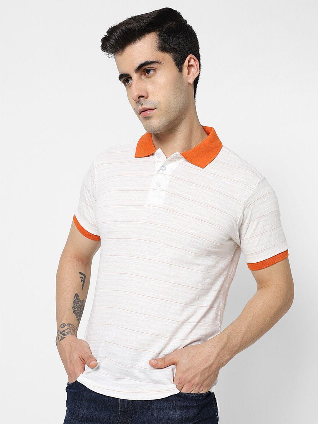 vastrado men white & orange striped polo collar cotton t-shirt