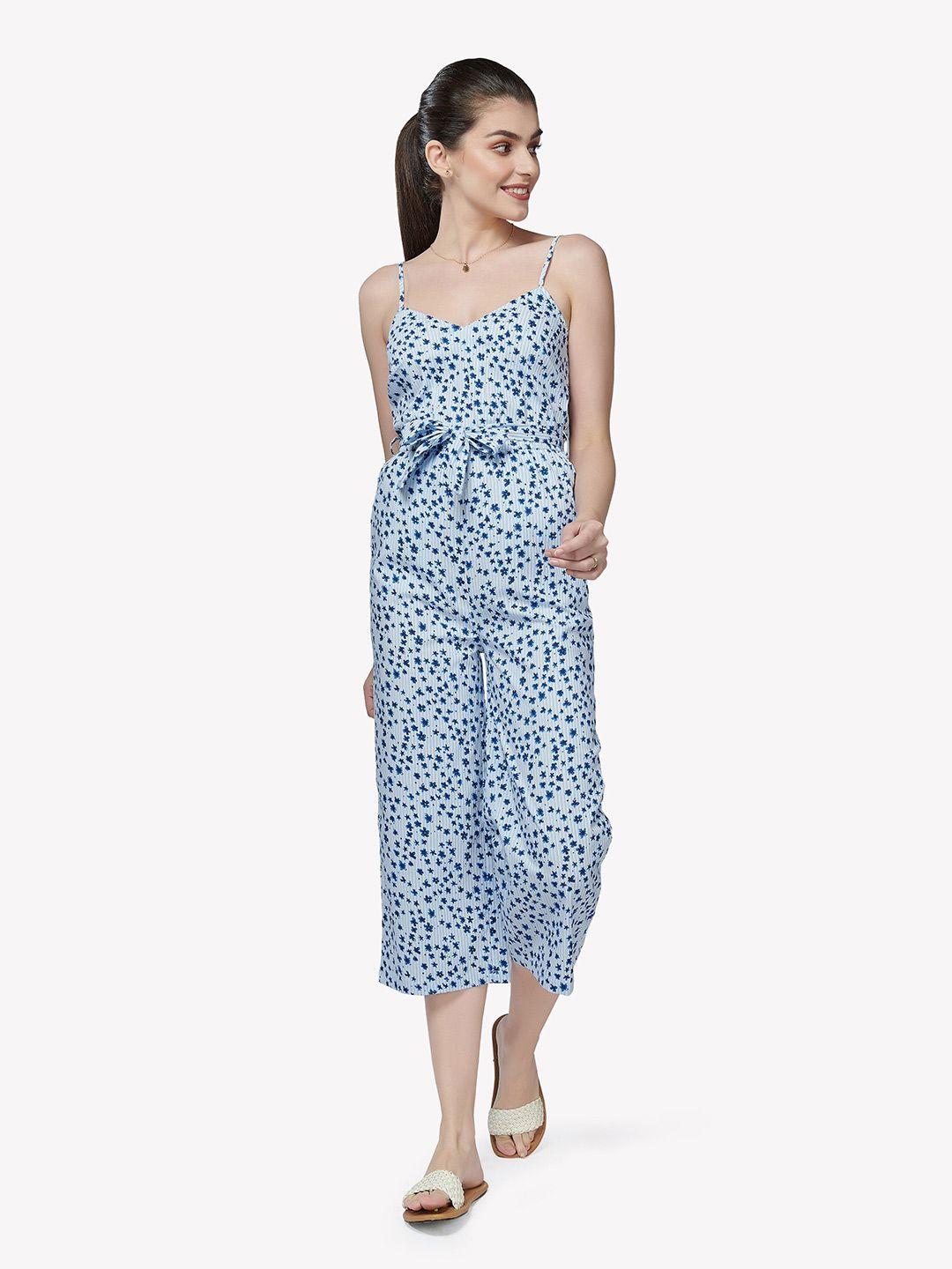 vastrado women blue & white printed cotton capri jumpsuit