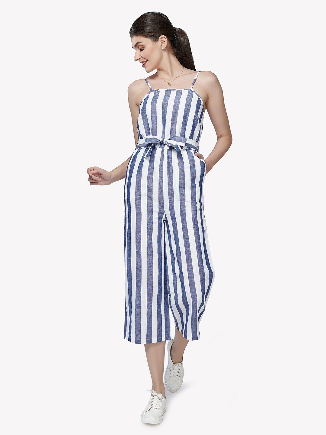 vastrado women blue & white striped cotton basic jumpsuit