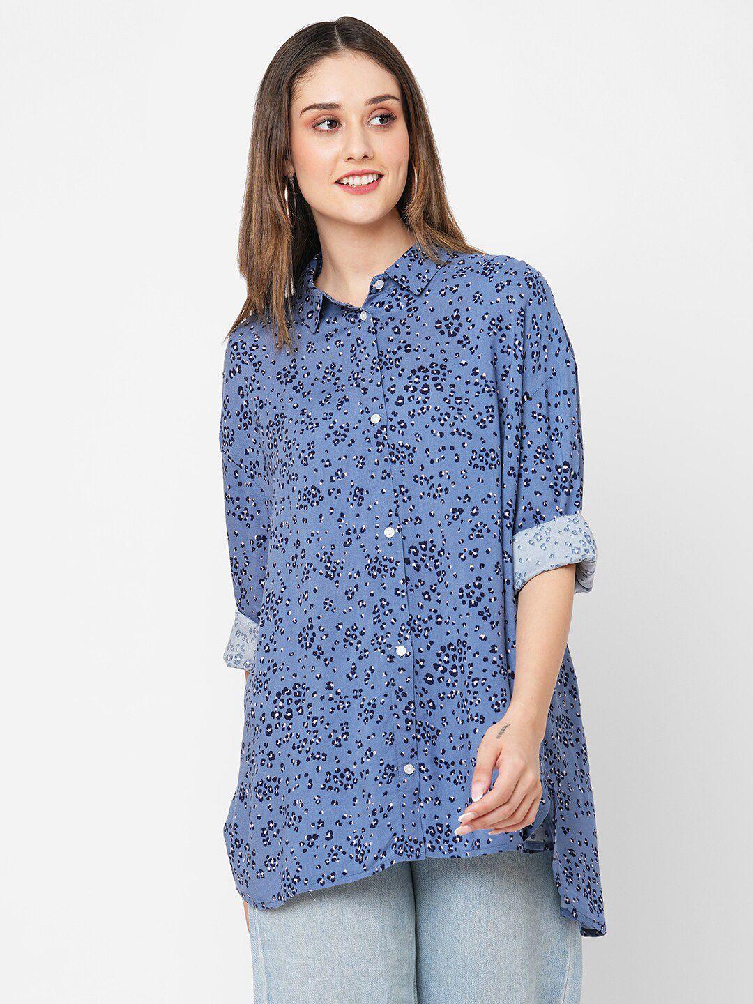 vastrado women blue boxy floral opaque printed casual shirt