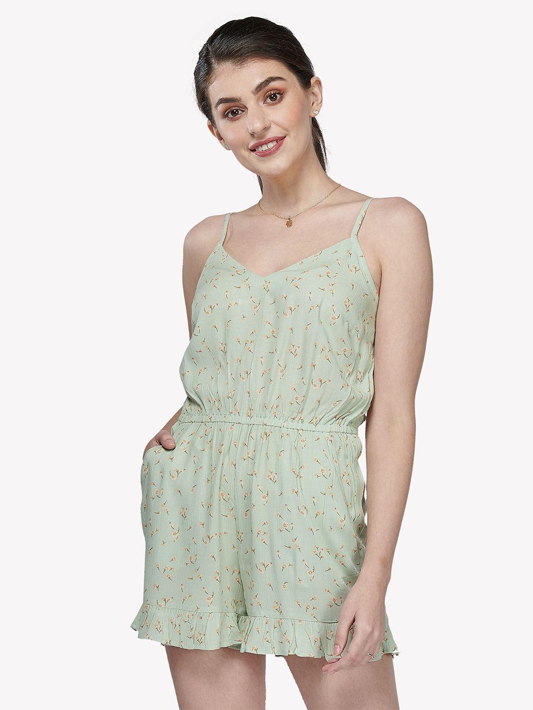 vastrado women green & beige printed cotton jumpsuit