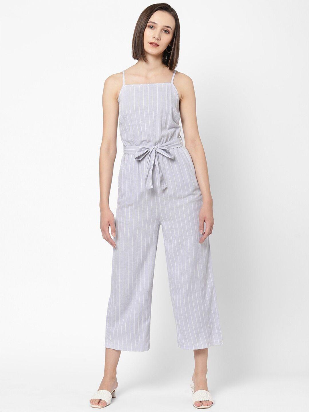 vastrado women grey & white striped cotton capri jumpsuit