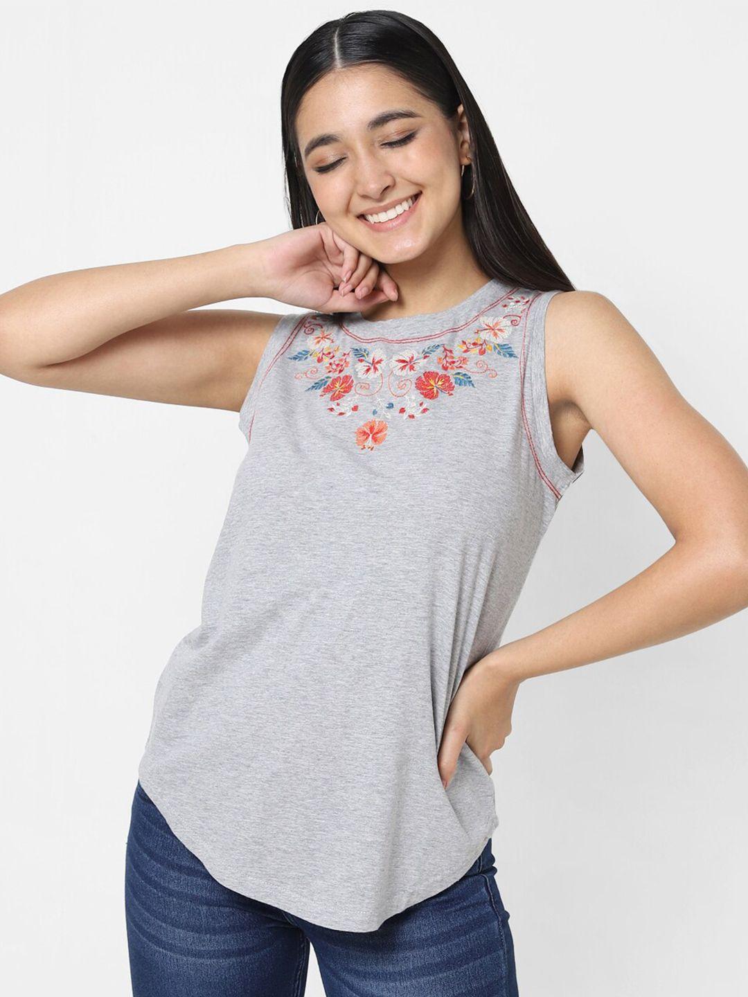 vastrado women grey floral embroidered pure cotton top