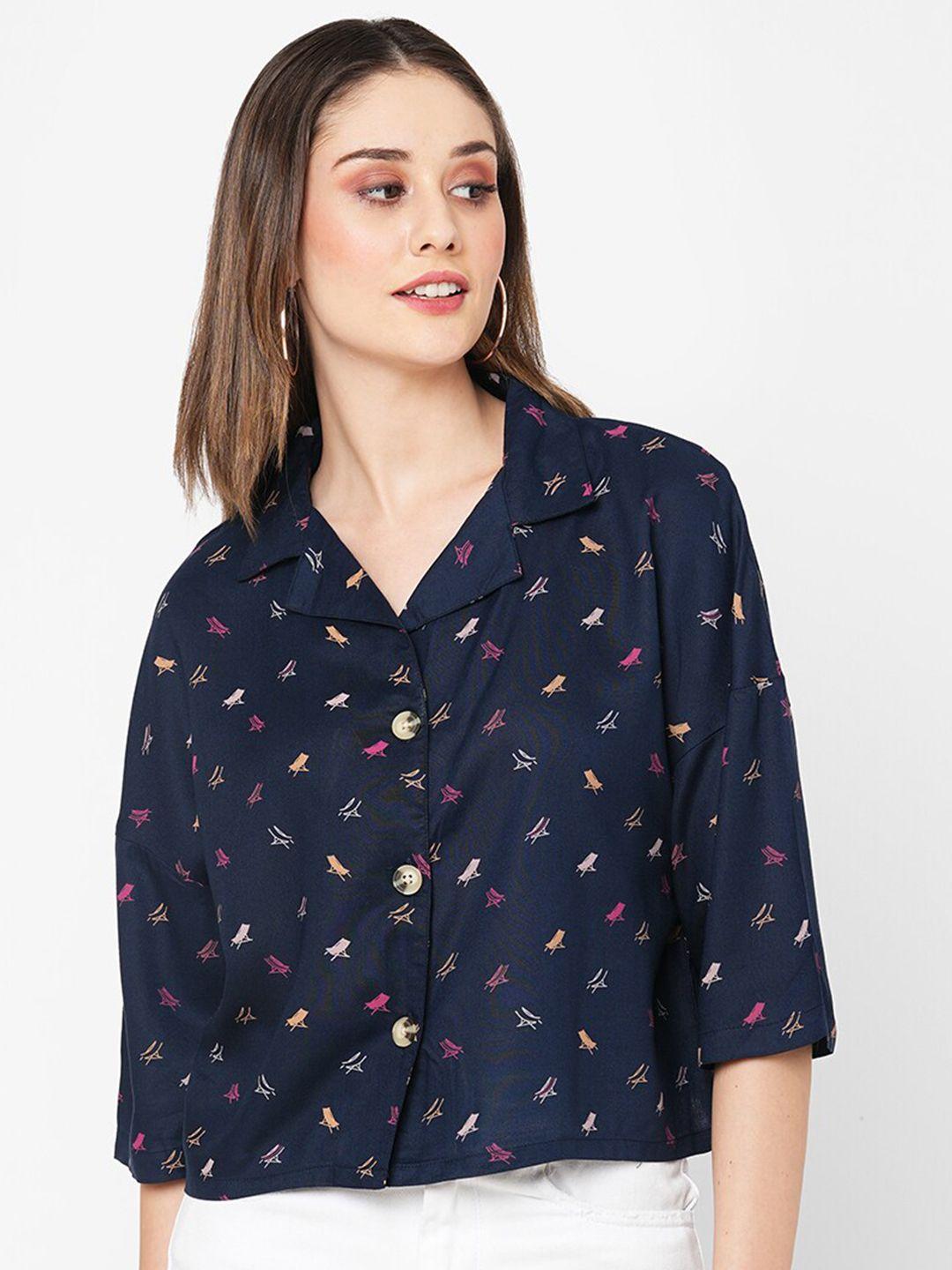 vastrado women navy blue classic printed casual shirt