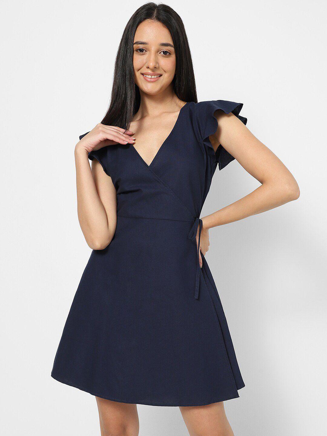 vastrado women navy blue cotton wrap dress