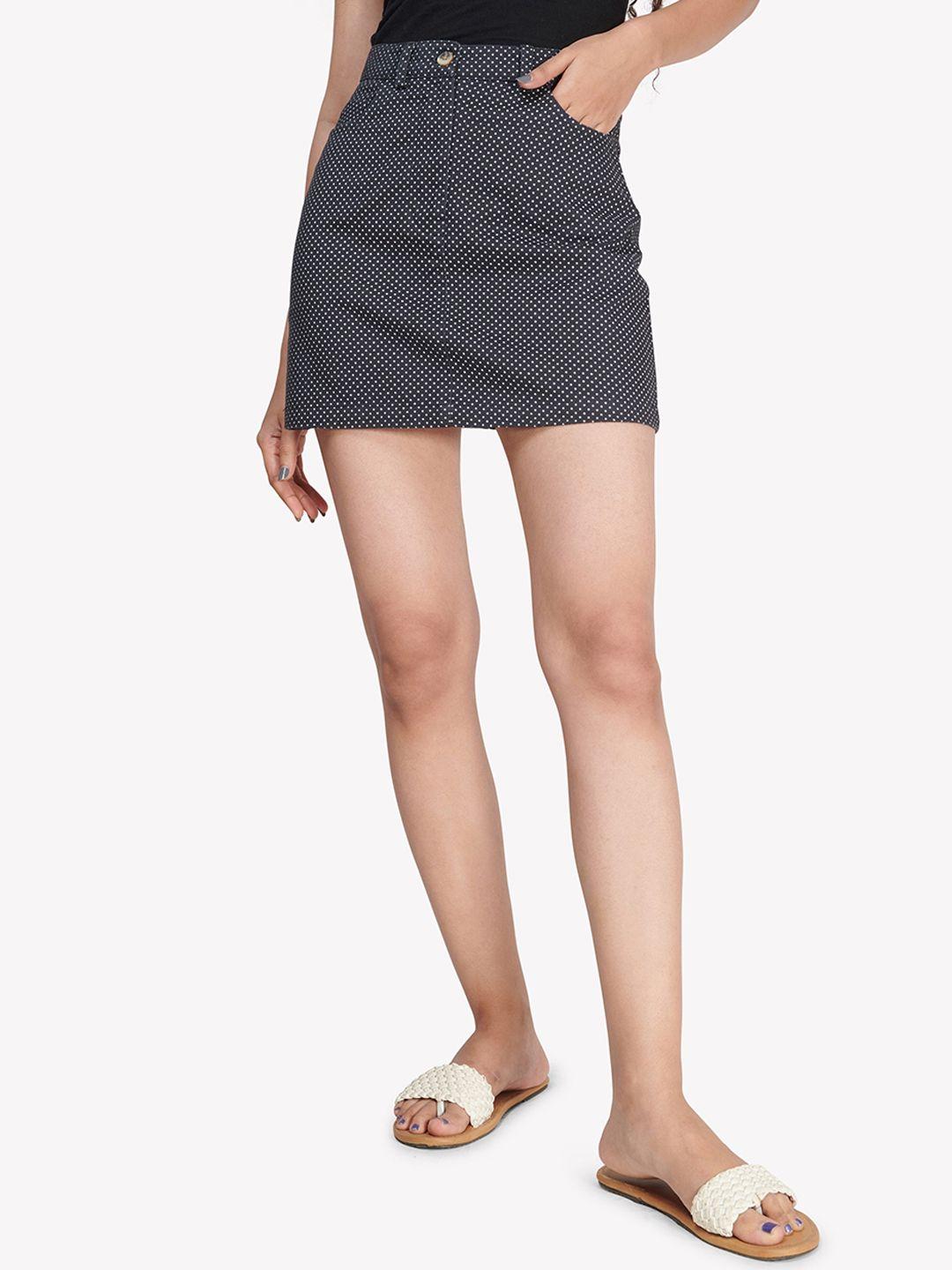 vastrado women navy blue polka dot printed cotton mini skirts