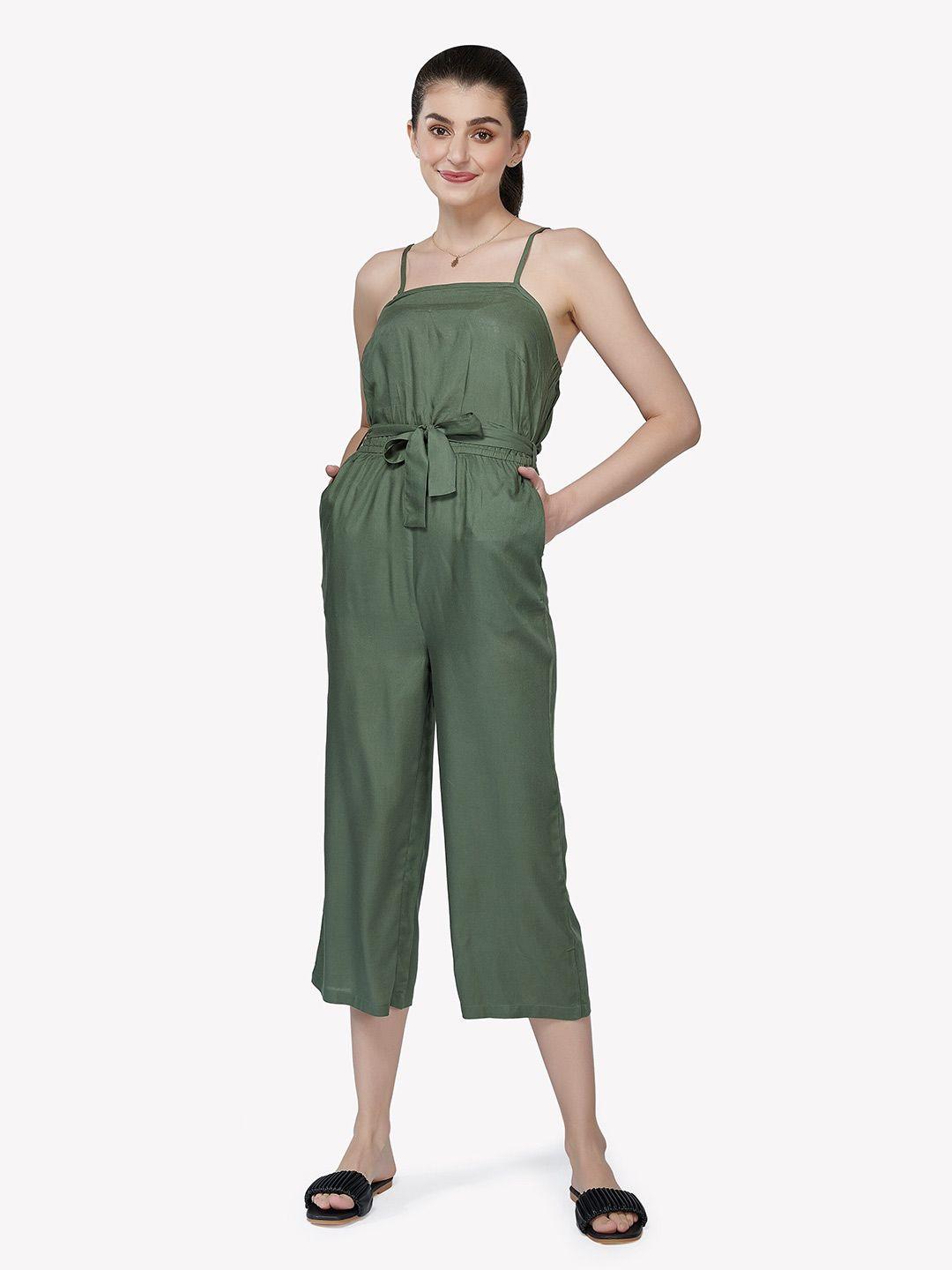 vastrado women olive green cotton capri jumpsuit